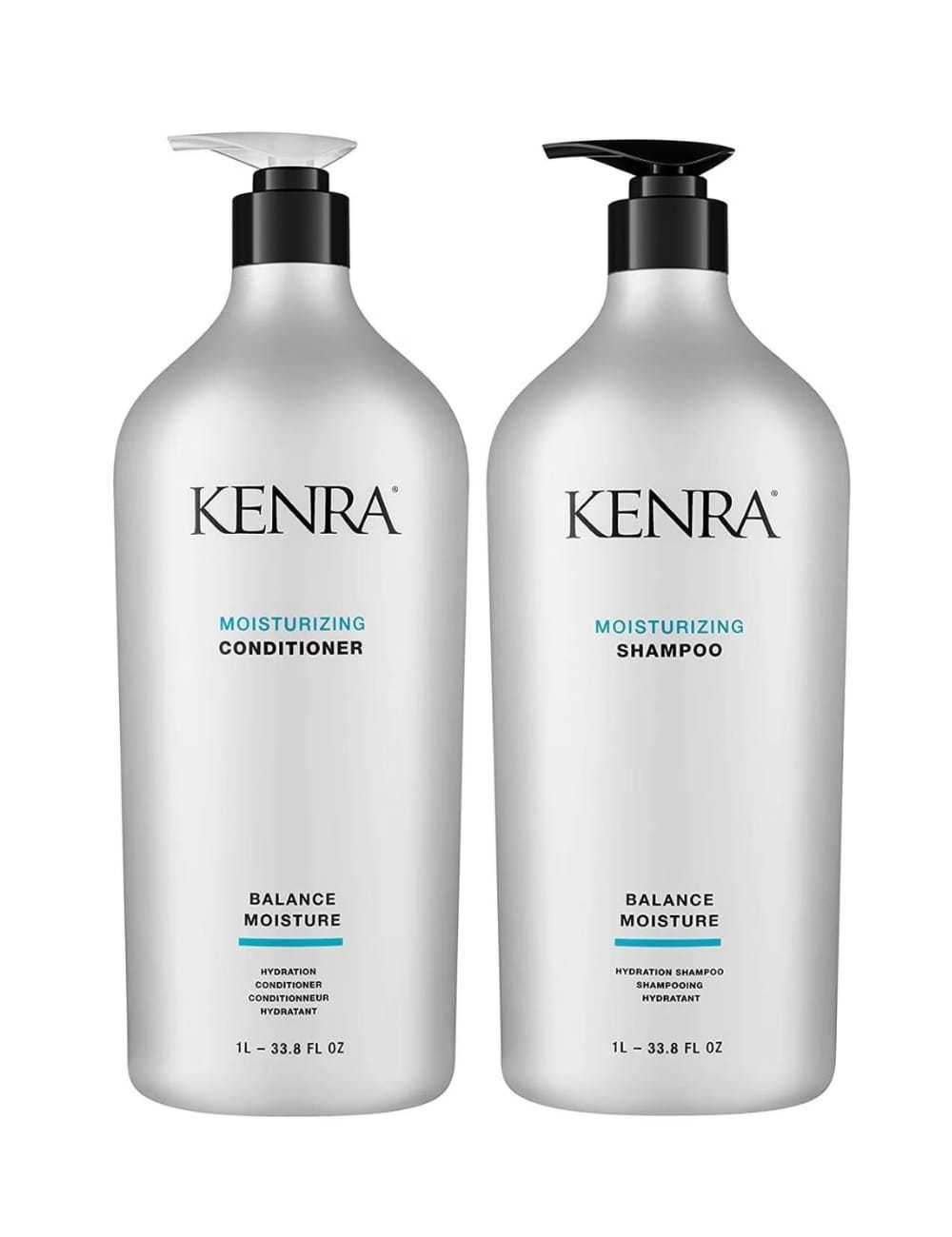 Kenra moisturizing shampoo and conditioner bottles, each 1 liter, for balance and moisture.
